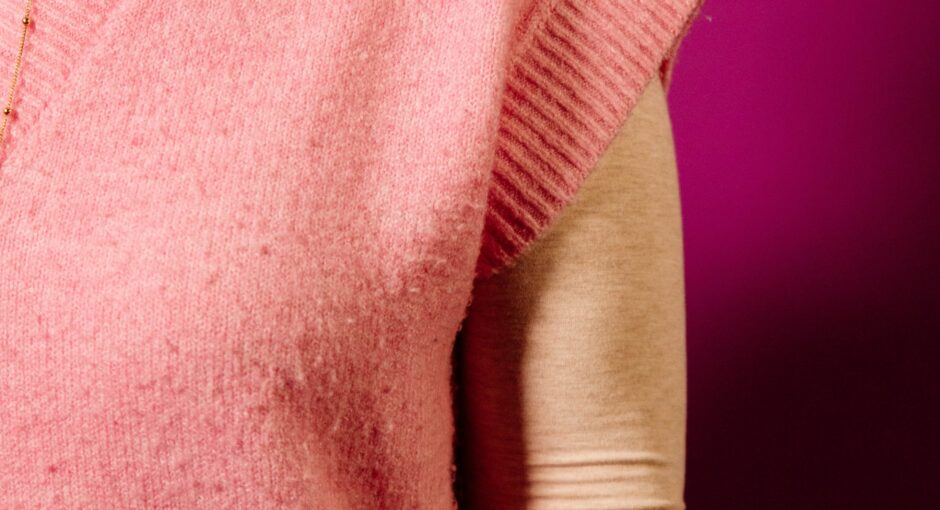 a woman wearing a pink sweater and a necklace